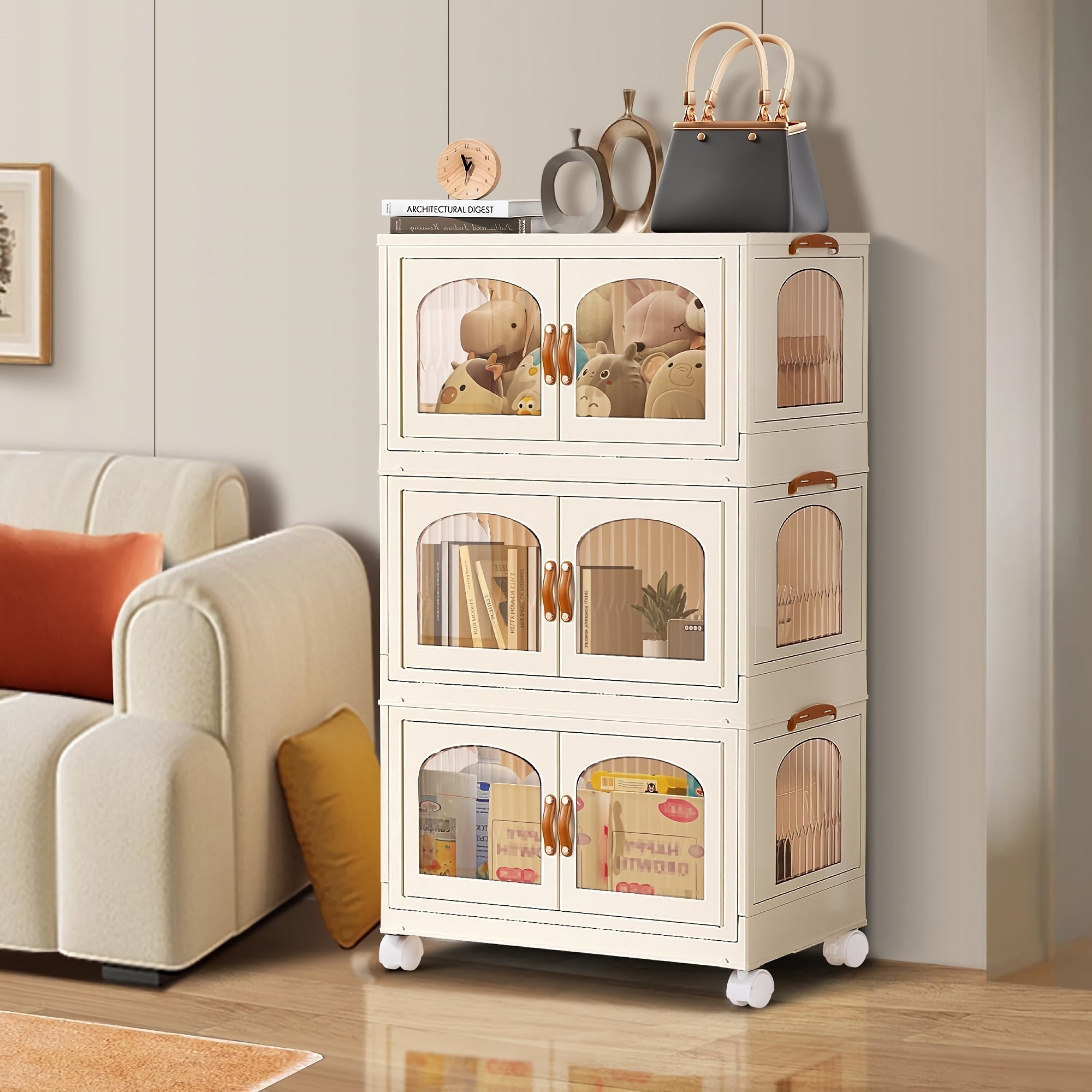 3-Tier Stackable Storage Cabinet, Portable Collapsible Container Box with Wheels for Home, Kitchen, Bathroom, Office (Clear) - YT7013-1 3-Tier Stackable Storage Cabinet, Portable Collapsible Container Box with Wheels for Home, Kitchen, Bathroom, Office (Clear) - YT7013-1